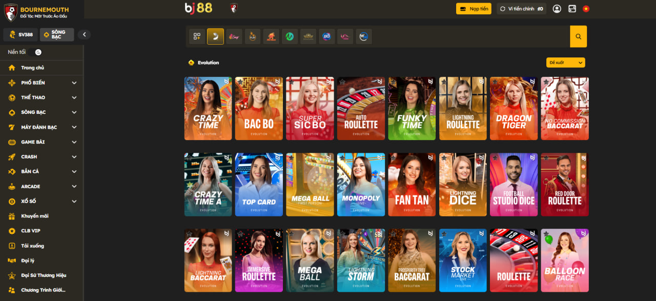 Live Casino BJ88 với các trò chơi như: Baccarat, Blackjack, Sicbo, Bull Bull,...